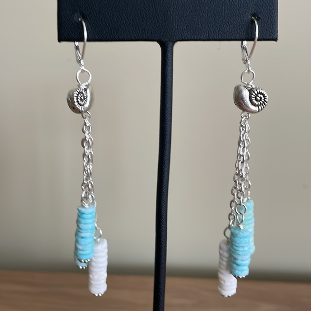 HAND CRAFTED BEACHY TASSEL EARRINGS Aqua and White Shell Rondelles